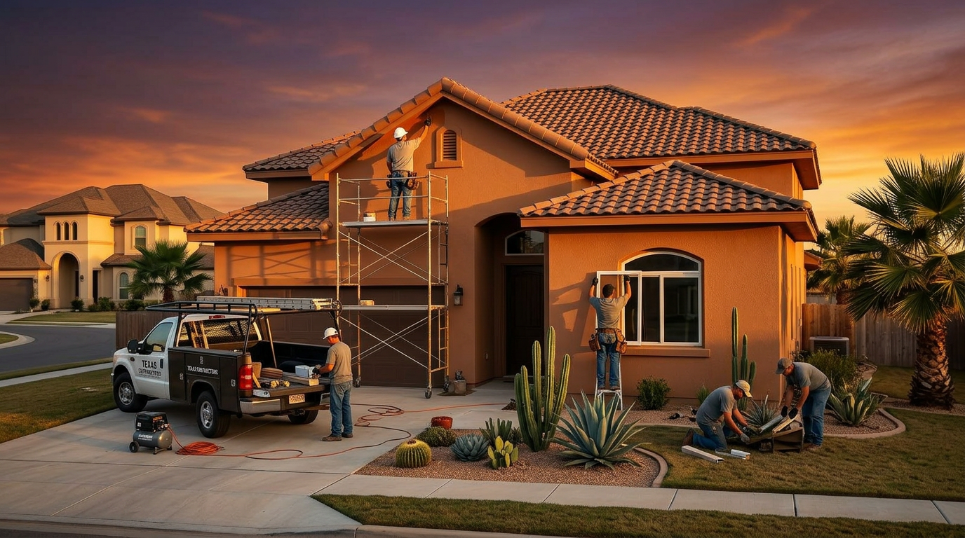 Texas contractor crew working on a home at golden hour